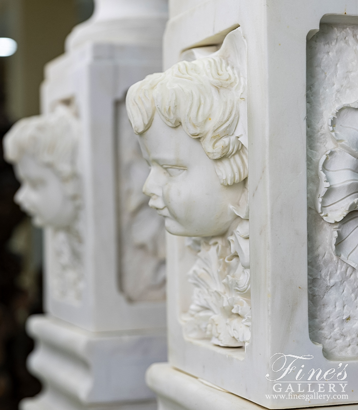 Marble Planters  - Highly Ornate Urn And Pedestal Pair In Statuary Marble - MP-543